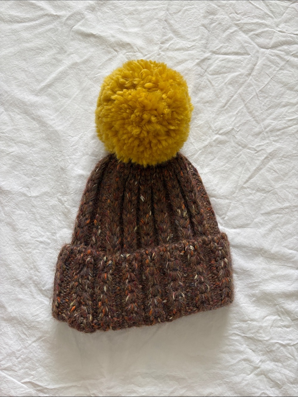 Anthropologie Brown Knit Pom Beanie with Yellow Pom